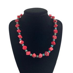 Unbranded 18" Necklace Red Square Beads Faux Turquoise Beads Silver Tone